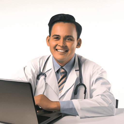 תמונה של רופא מול מחשב נייד, מחייך ומביט ישירות למצלמה