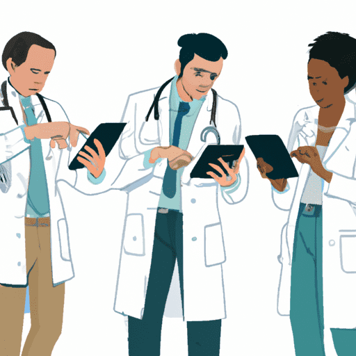 קבוצת רופאים גולשת באתרי אינטרנט רפואיים בסמארטפונים ובטאבלטים שלהם