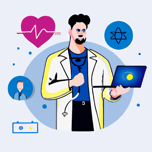 איור גרפי של רופא עם מחשב נייד, תוך שימוש במגוון כלים מקוונים כדי להגיע למטופלים
