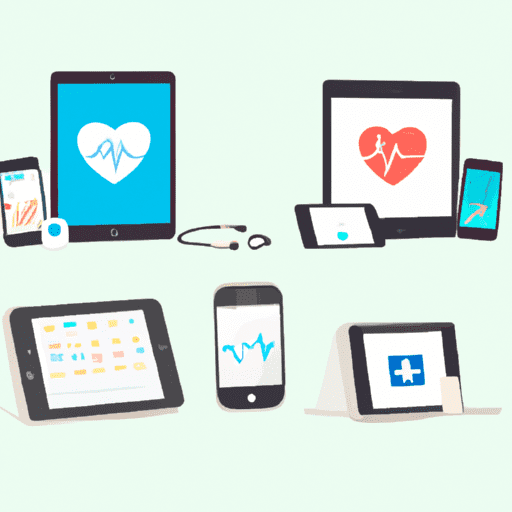 המחשה של מכשירים דיגיטליים שונים, כגון סמארטפונים וטאבלטים, המציגים אפליקציות ושירותים רפואיים.