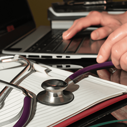 רופא כותב פוסט בבלוג על מחשב נייד, מוקף בספרי רפואה וסטטוסקופ.