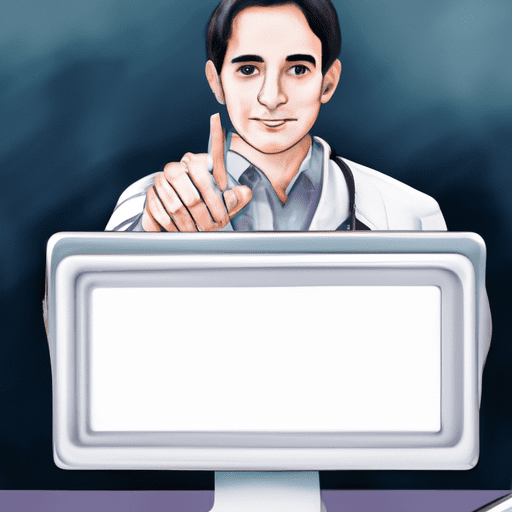 رسم توضيحي رقمي لطبيب يستخدم الكمبيوتر، يسلط الضوء على أهمية التواجد عبر الإنترنت.