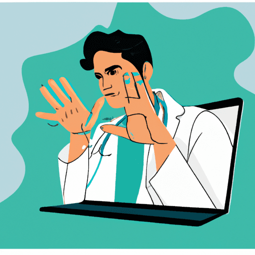 صورة لطبيب يتفاعل مع مريض عبر مكالمة فيديو، مما يسلط الضوء على مفهوم التطبيب عن بعد.